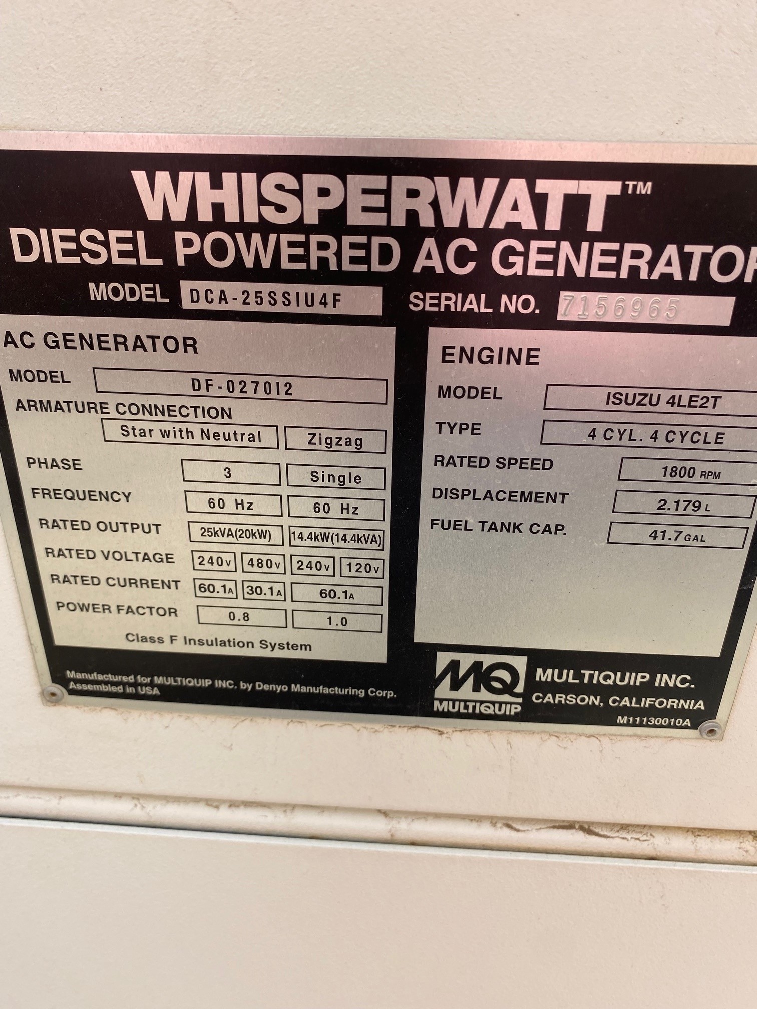 1 324 Hours Used Multiquip Dca 25ssiu Diesel Generator Mustang Cat